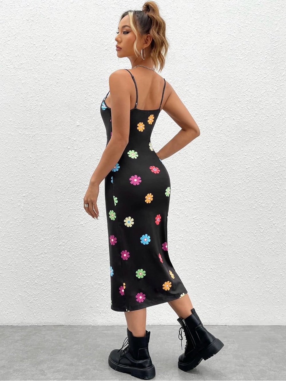 SHEIN Black Floral Slip Midi Dress with Multicolor Daisy Print - Picture 2 of 8